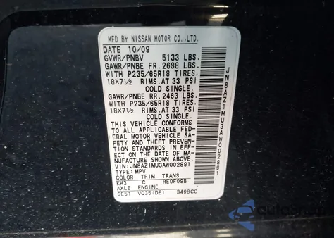 2010 Nissan Murano Sl from USA, damaged, VIN JN8AZ1MU3AW002891